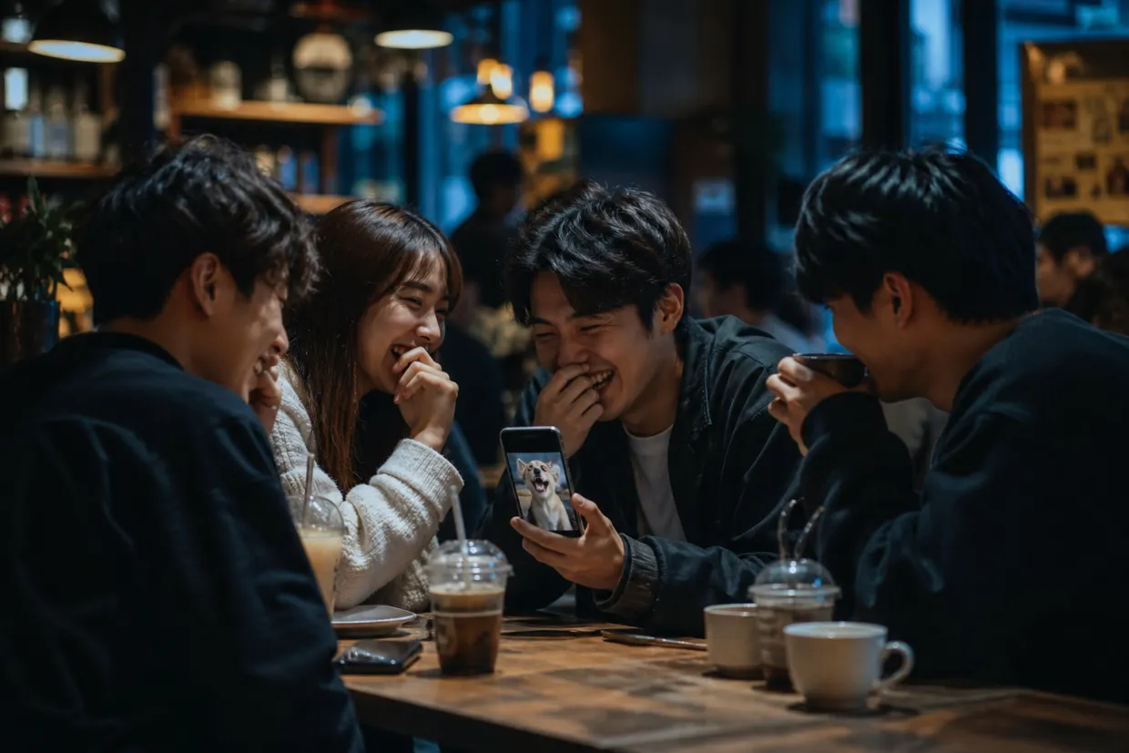 friends laughing and sharing memes in cafe