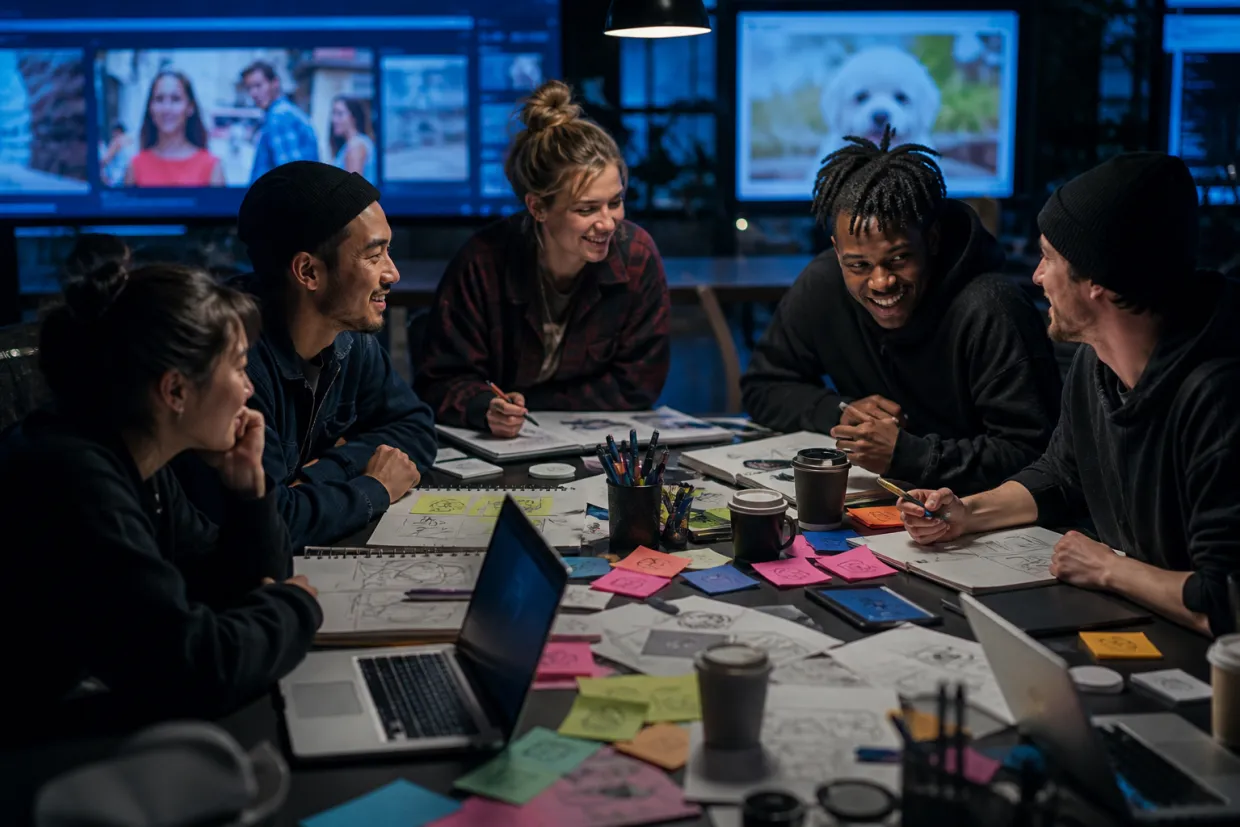 a diverse team brainstorming meme concepts