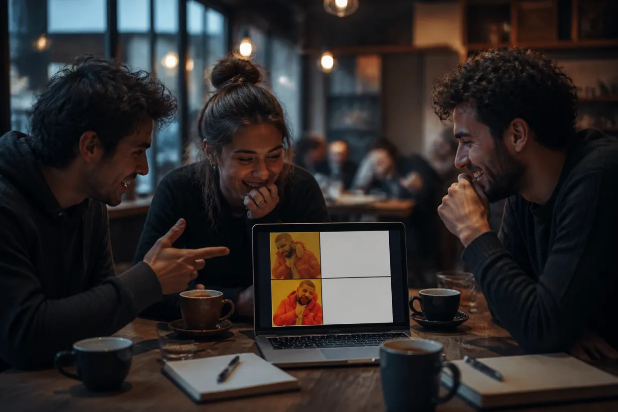 friends discussing memes in a cafe